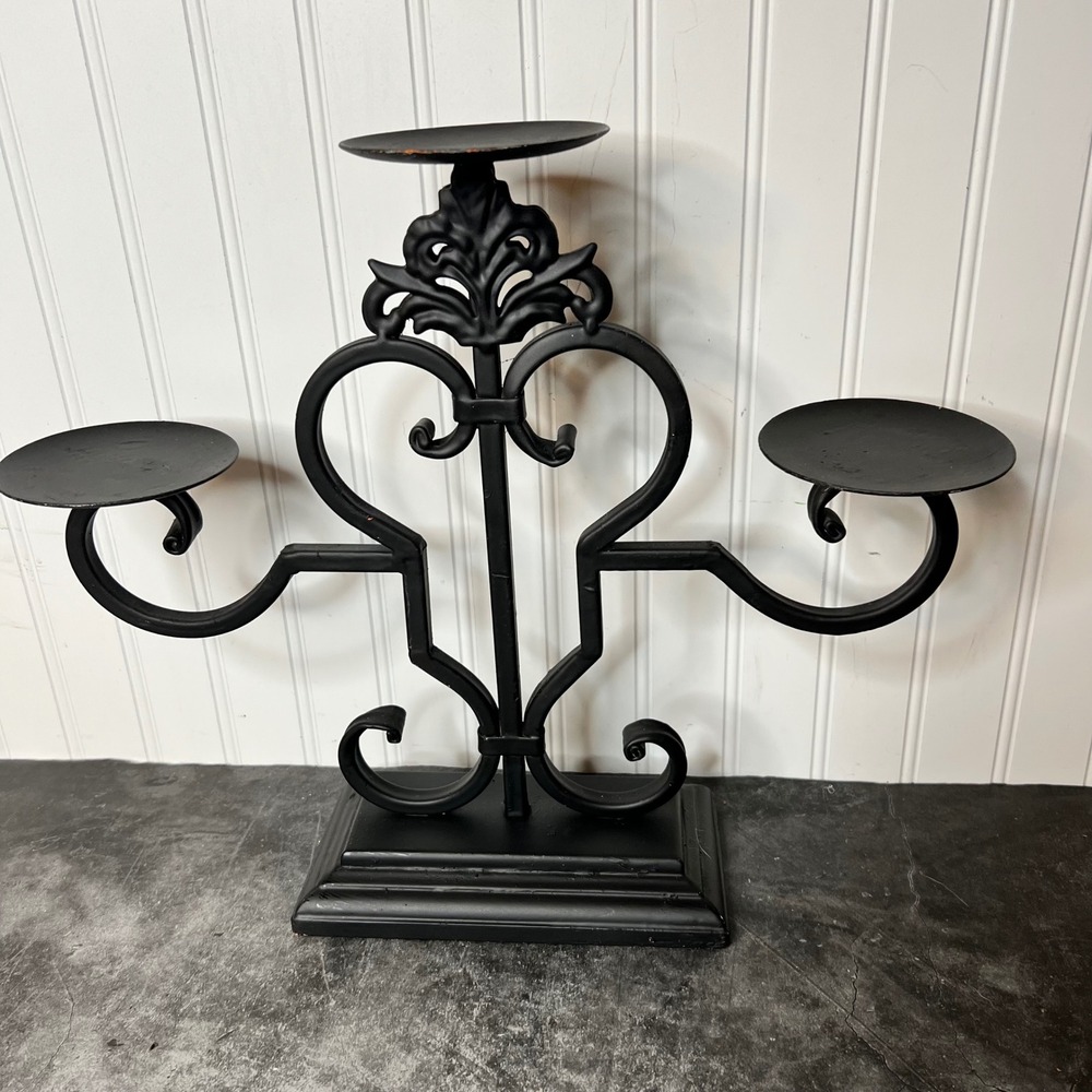 Black Metal Wood Ornate Three Pillar Candleabra Candle Holder | *SEE NOTE | Goth